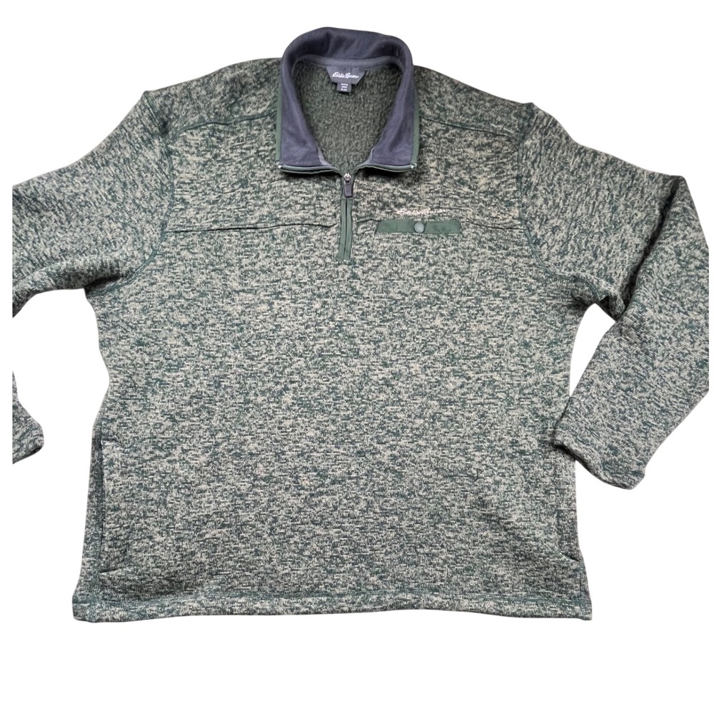 Eddie Bauer Mens XL Green Marled Quarter Zip Fleece Pullover Jacket Mock Neck